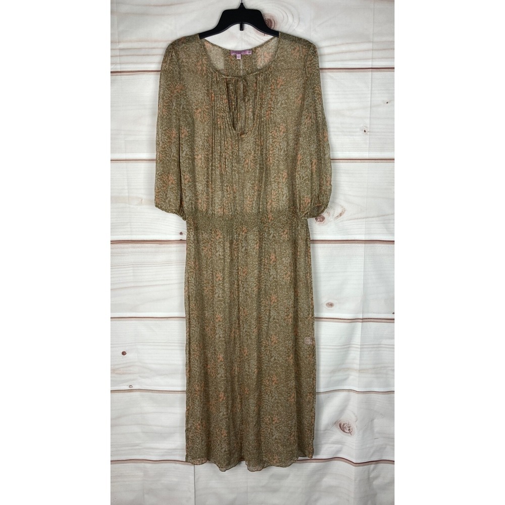 Calypso St Barth Dress Women XS Beige Floral Sheer Maxi Silk 3/4 Sleeve Pullover